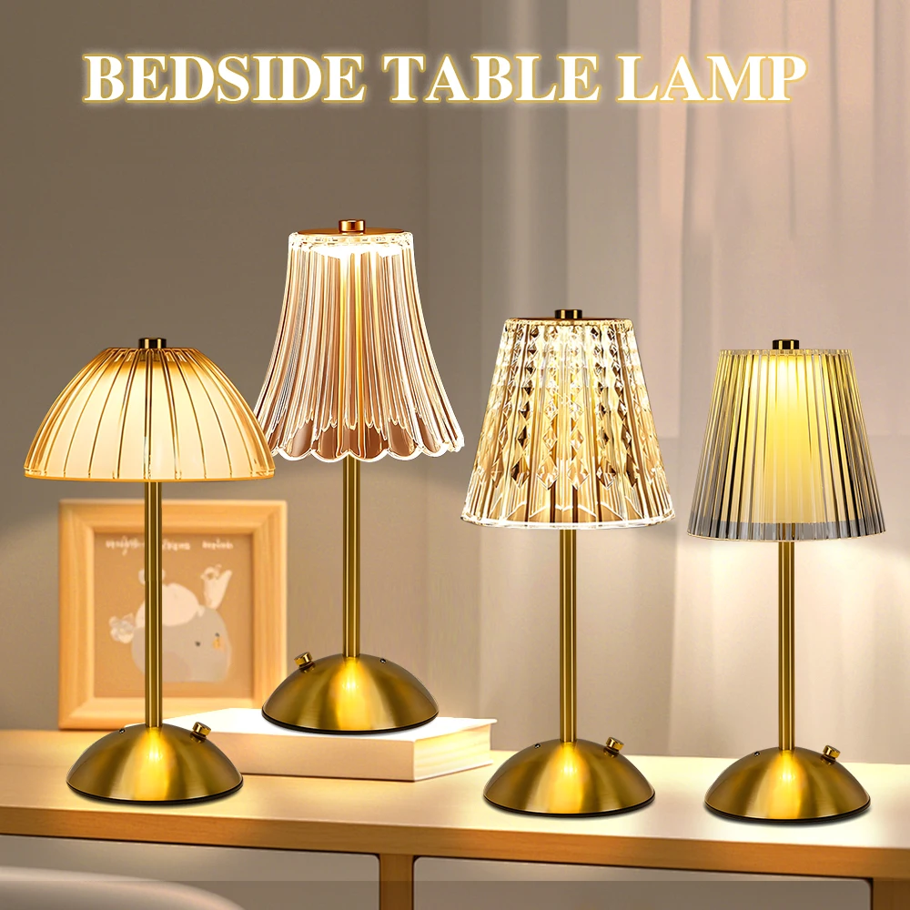 Cordless Table Lamp, Rechargeable Operated Lamp, 3 Color Modes & Stepless Dimmable LED Touch Lamp Crystal Gold Metal Beside Lamp