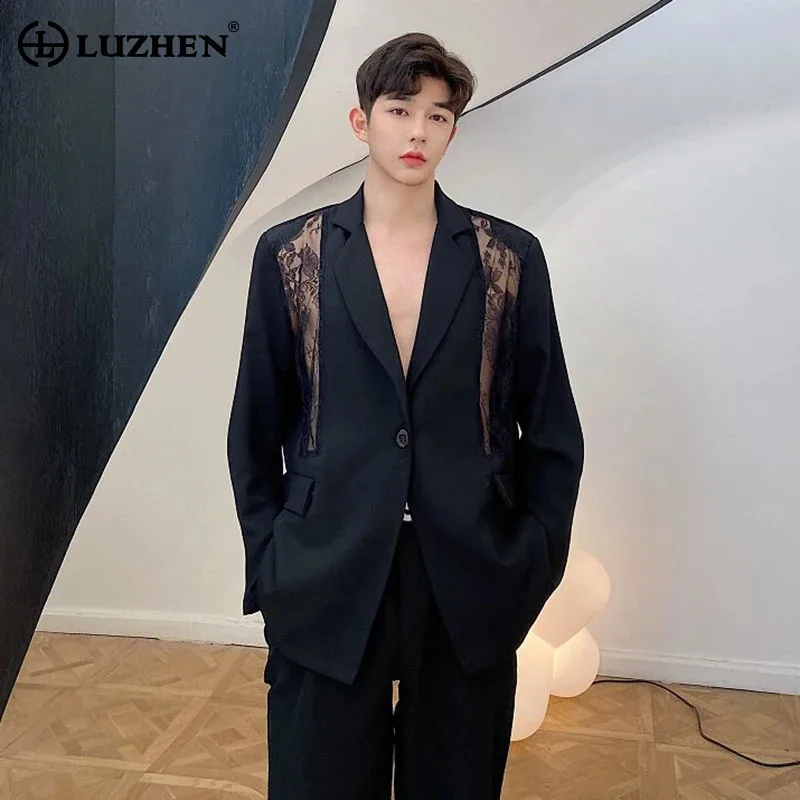 

LUZHEN 2026 Spring New Original Hollow Out Gauze Splicing Handsome Blazer Coat Men Trendy Backless Design Casual Clothes JY6320