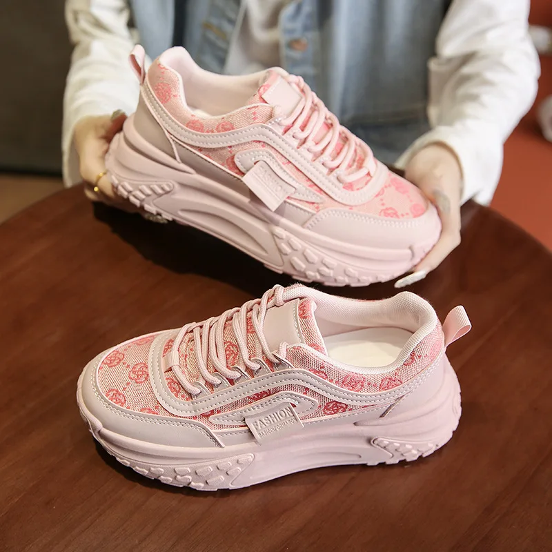 

Thick Soled Retro Lightweight Women's Dad Shoes Round Toe Height Increasing Soft Soled Sneakers Korean Solid Color Women's Shoes