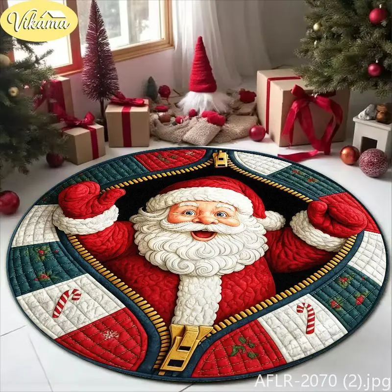 VIKAMA 3D Optical Illusion Zipper Santa Claus Rug, Non-Slip Indoor Christmas Tree Mat, Living Room Rug, Home Decor