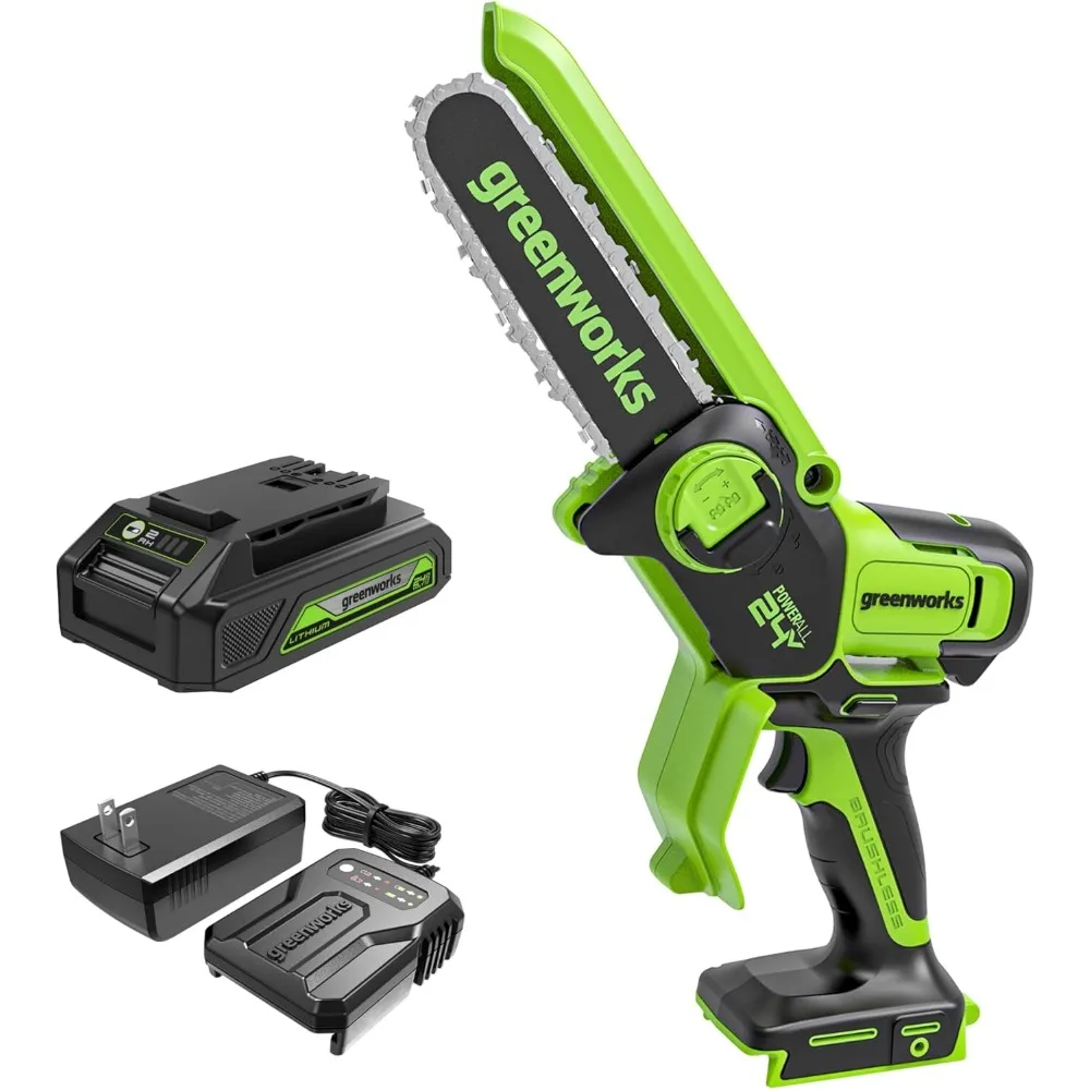 منشار كهربائي Greenworks 24V Compact 6، بطارية 2.0 أمبير في الساعة متضمنة لتقليم الأشجار