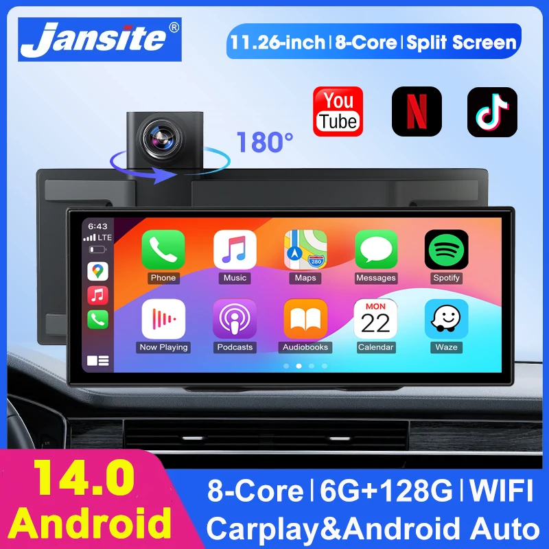 

Портативный автомобильный мультимедийный проигрыватель 11.26 дюймов на Android 14, 6 ГБ+128 ГБ, с видеорегистратором, 8-ядерный, Wi-Fi, беспроводные CarPlay и Android Auto