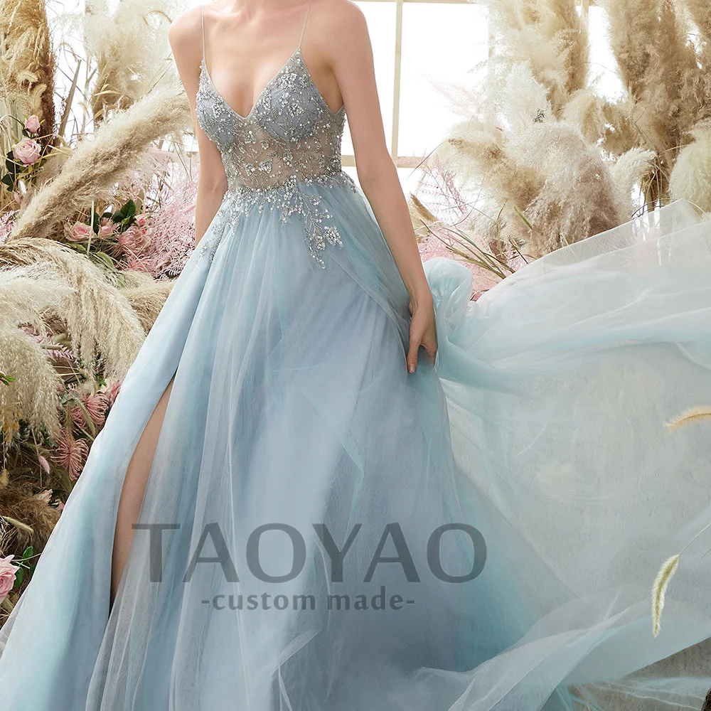 Light Blue A Line V Neck Spaghetti Strap Evening Dresses Beading Tulle Sexy Party Dresses Prom Gowns Robe De Soirée Vestido