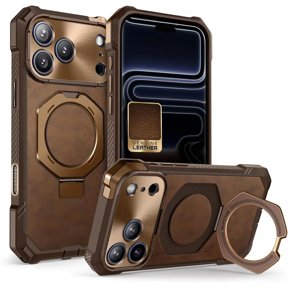 

iPhone 17 Pro Max Leather Case with Stand, MagSafe Compatible, Military-Grade Protection, Brown