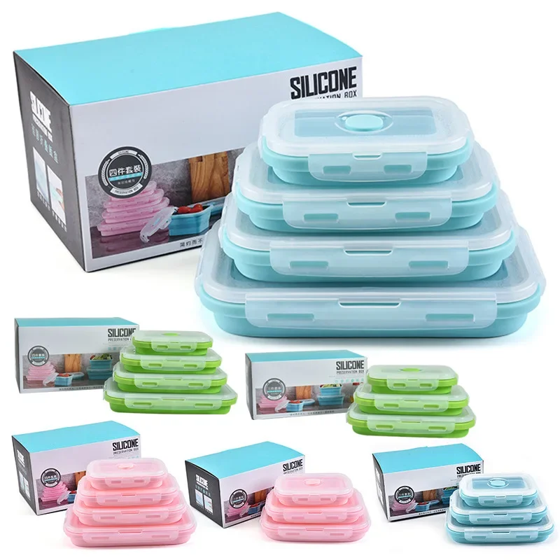 

4Sizes Silicone Collapsible Lunch Box Food Storage Container Colorful Microwavable Portable Picnic Camping Rectangle Outdoor Box