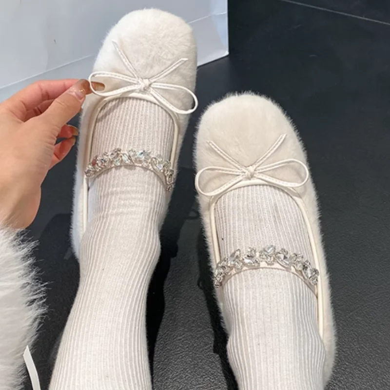 Bow Fur Mary Jane Crystal Flats Women Shoes Suede Winter New Shallow Luxury 2025 Cozy Ballet Dance Shoes Woman Warm Snow Boots