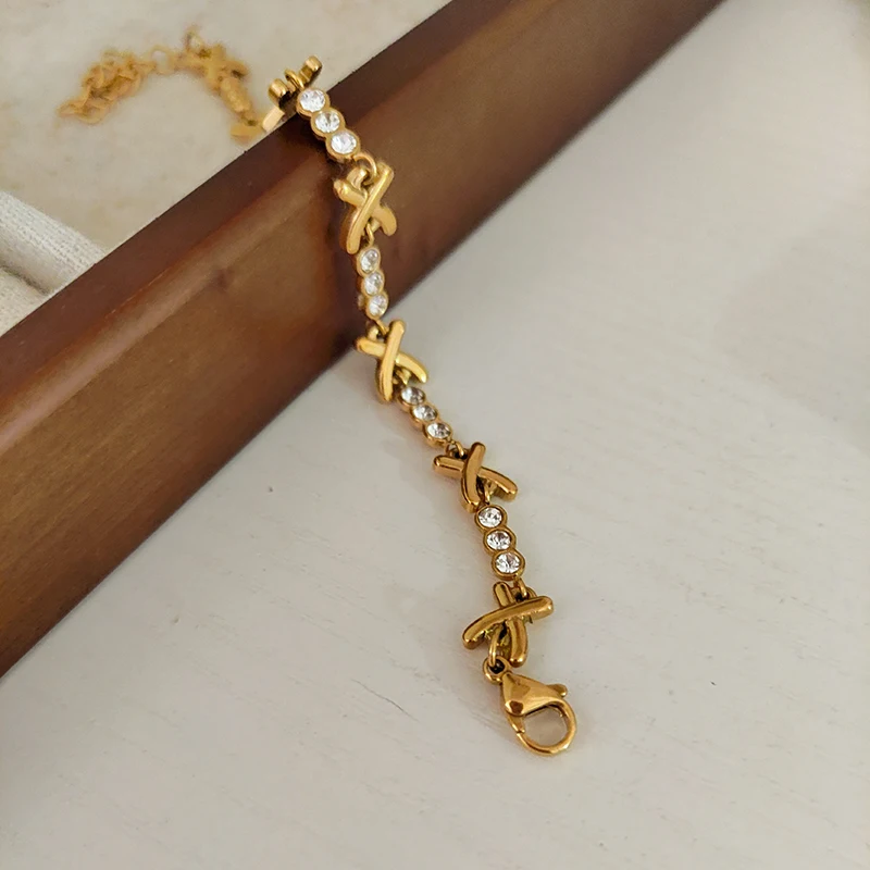 X shape cz stone chain bracelet stainless steel bracelet for women simple dainty jewelry elegant tarnish free jewelry waterproof