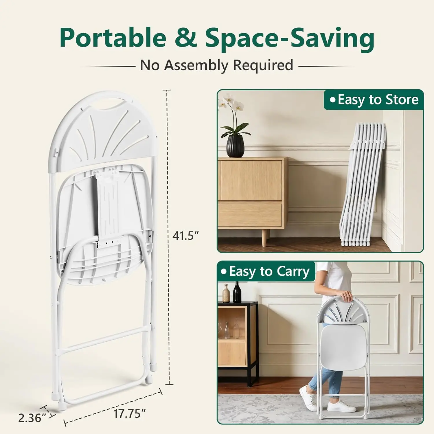 TitanPRO White Fanback Plastic Folding Chairs - Folding Dining Chairs with 18 Gauge Steel Frame - Commercial Grade, Customized