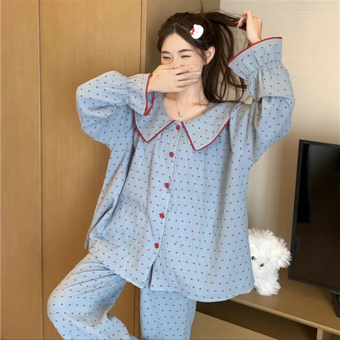 Spring Autumn Women's Sleepwear Long Sleeve Large Collar Polka Dot Cloud Cotton Long Pants Home Clothes Set Winter