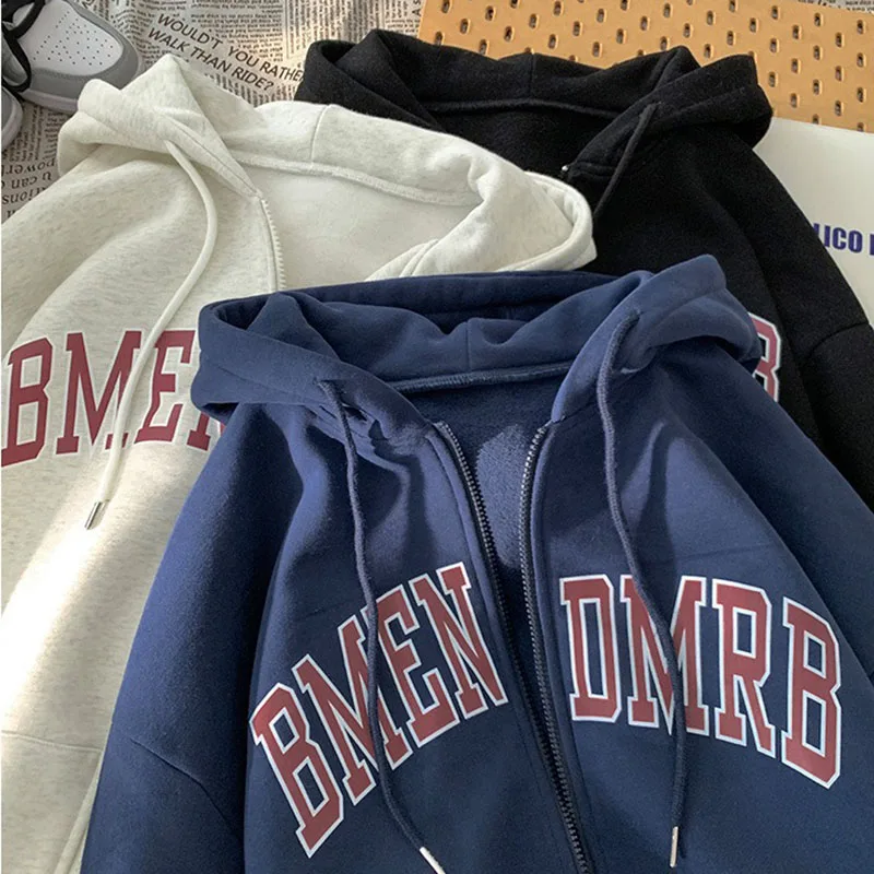Women Autumn‑Winter Fleece‑Lined Thick Zip‑Up Letter‑Print Hooded Sweatshirt Jacket Lady Casual Fashion Loose Cardigan Outerwear