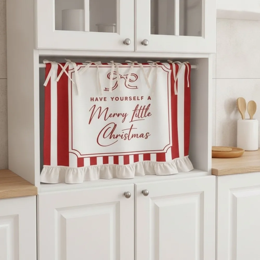 Lace-up Design Christmas Oven Curtain Decorative Ruffled Edge Kitchen Stove Curtain Red and White American-style Cabinet Curtain