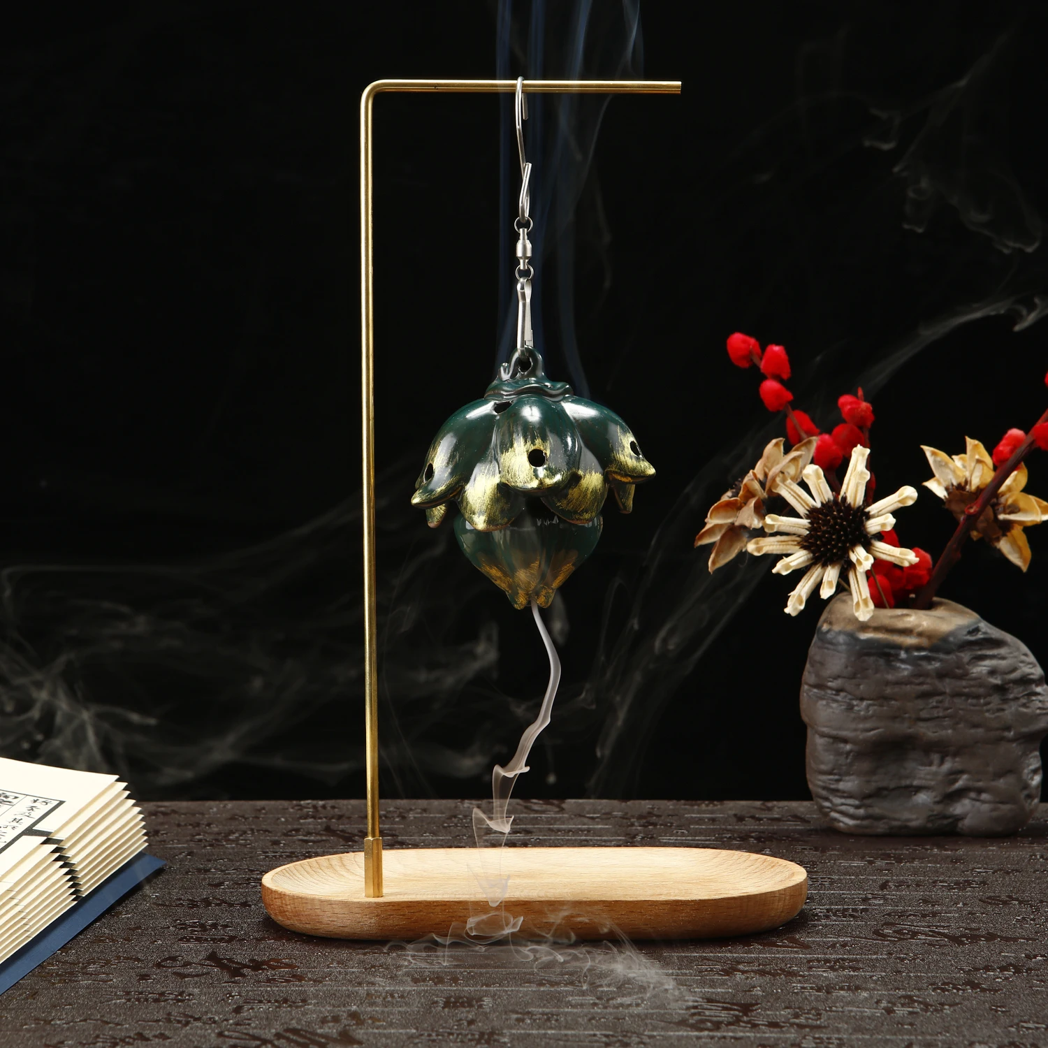 Creative Ceramic Lotus Incense Burner Set Smoke Backflow Lotus Seed Head Incense Holder with Wooden Incense Tray Home Decor
