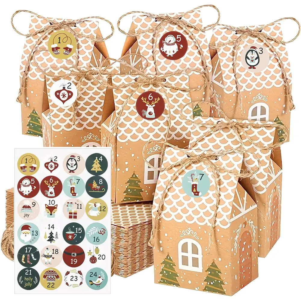 24pcs/Sets Christmas Advent Calendar Candy Boxes with 1 sheet stickers Xmas Tree Hanging Countdown House Gifts Packaging Box
