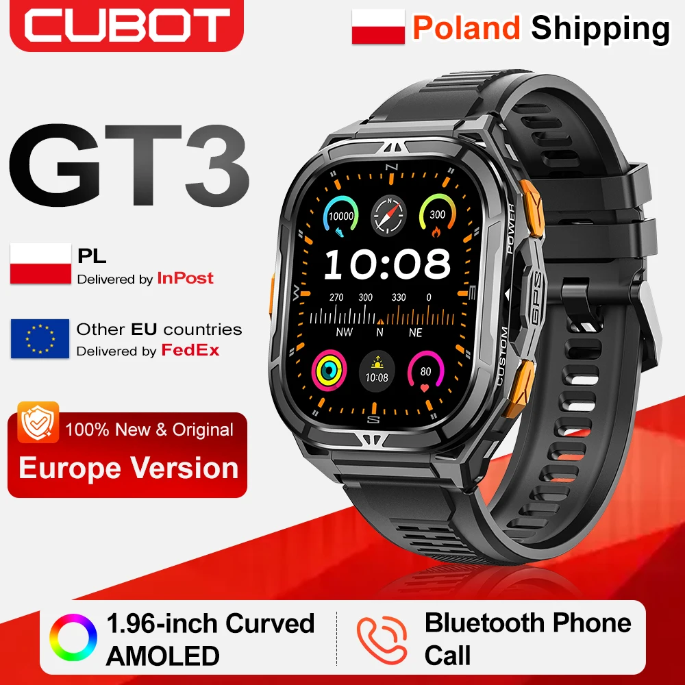[Shipping From Poland] Cubot GT3 Smart Watch 5ATM Waterproof 1.96-inch AMOLED Blood Oxygen Fitness Tracker Heart Rate GPS 480mAh