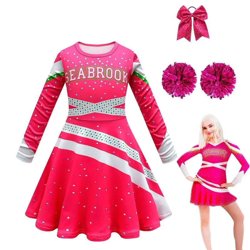 Zombie 3 Addison Girls Fancy Cheer Leader Halloween Costume Cosplay Cheerleader Kids Princess Dress+Flower Ball Party Clothing