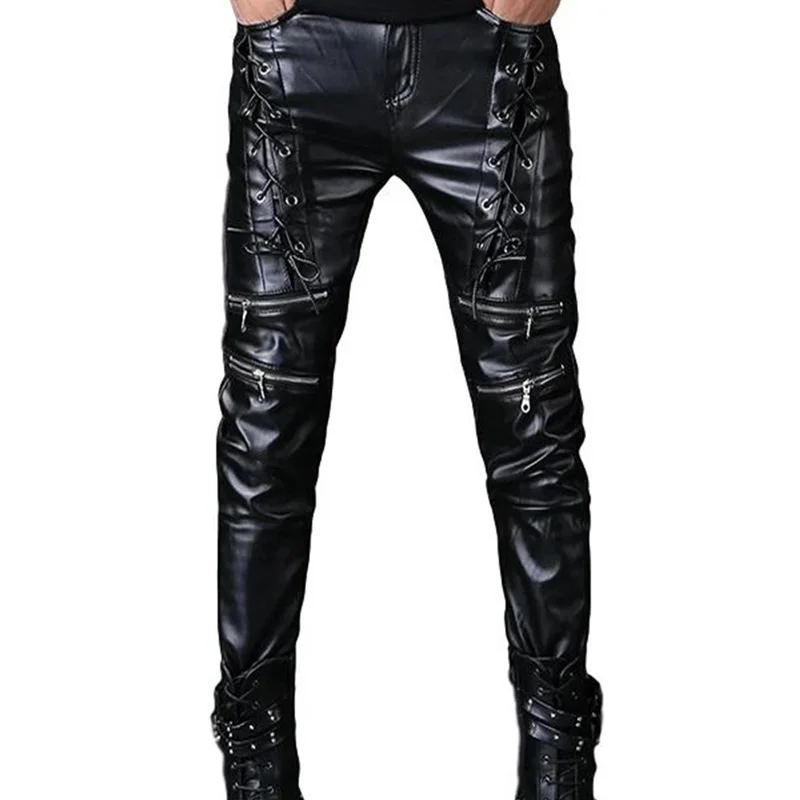 Calças de couro estilo punk masculino com bandagem e zíper decoração magro hip hop calças do plutônio motocicleta motociclista calças bottoms