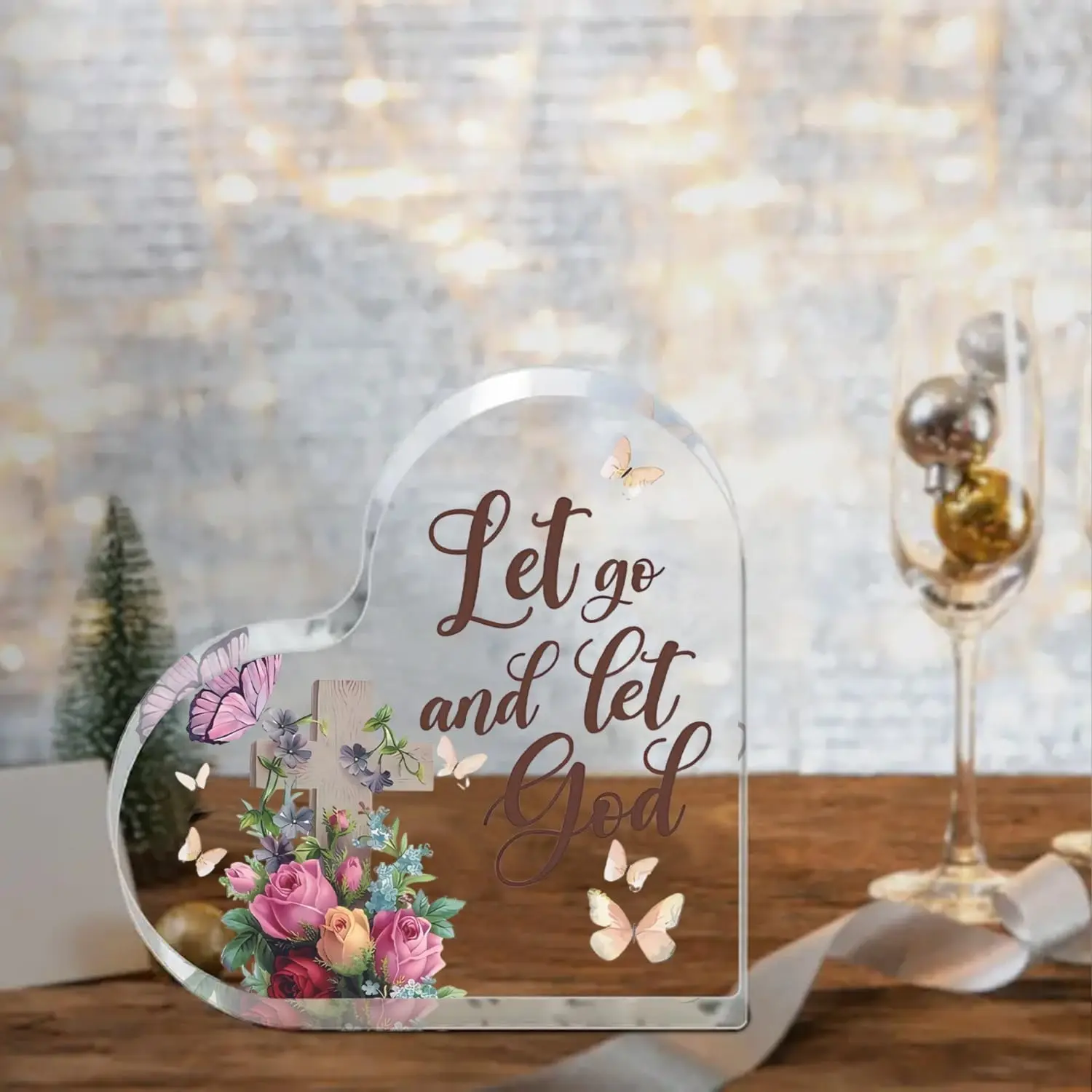 Heart‑Shaped Acrylic Plaque Let Go And Let God Cross Floral Butterfly Freestanding Keepsake Gift