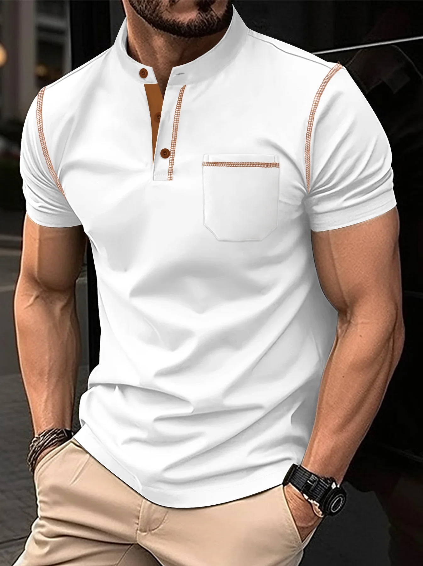 2024 new summer men's stand collar pocket Polo shirt casual short-sleeved fashion sports polo shirt