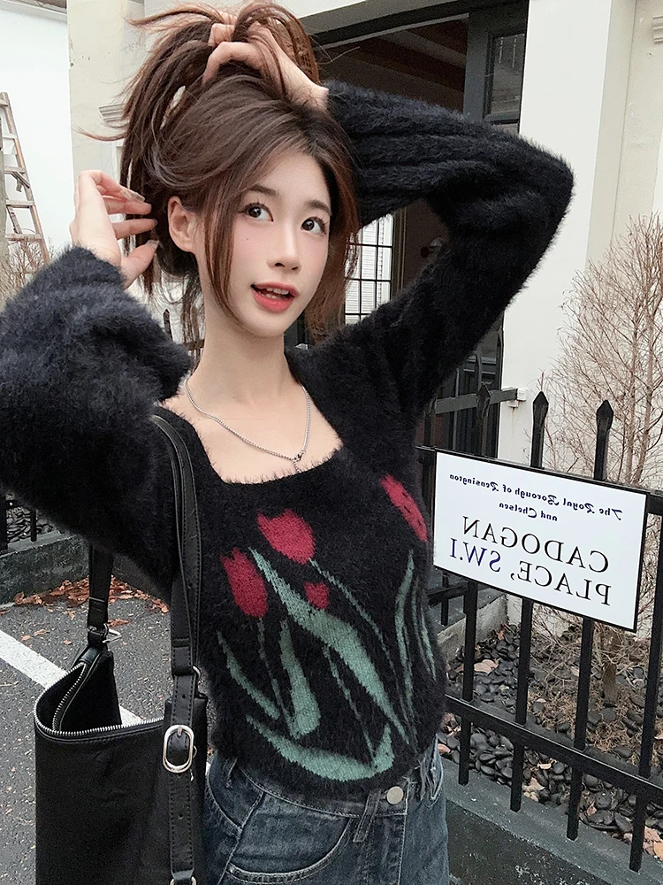 

Женский вязаный свитер с квадратным воротником и вышивкой в стиле ретро Bla, облегающий дизайн из искусственного меха, базовый топ на осень