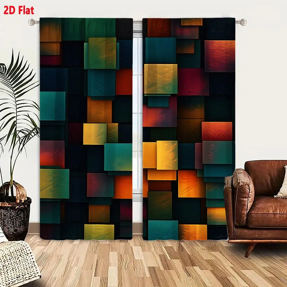 2Pcs Curtains 2D Flat Abstract Mosaic Grid Tiles With Deep Blues Teals Warm Oranges And Magenta Geometric Design Window Drapes f