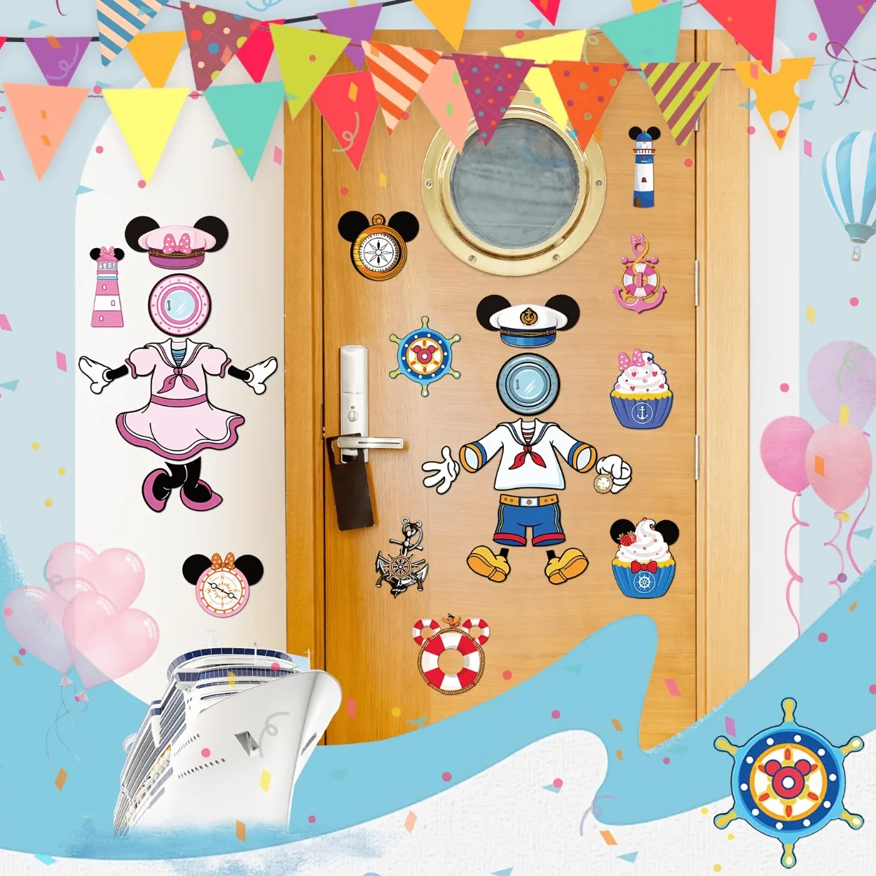 24 PCS Mouse Captain Nautical Magnets, Cute Blue & Pink, Cruise Cabin Door Decor, for Carnival Parties, Fridges and Cars