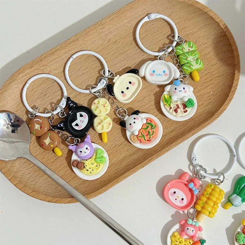 kawaii Sanrio Creative Food Plate KeyChain Cartoon My Melody Kuromi Cinnamoroll Couple Backpack Pendant Cute Decorative Toy Gift