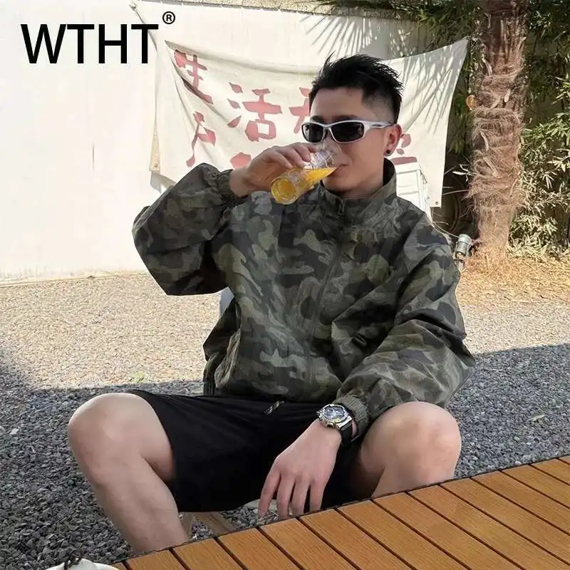 

WTHT модные мужские камуфляжные свободные солнцезащитные пальто на молнии, модные летние куртки с длинными рукавами и воротником-стойкой, мужские куртки 2A0550