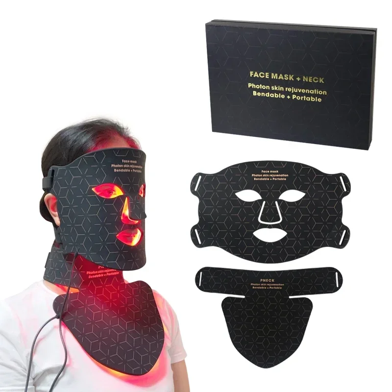 Flexible SIlicone Infrared red light therapy mask face and neck 4 colors light professional led light therapy facial mask black