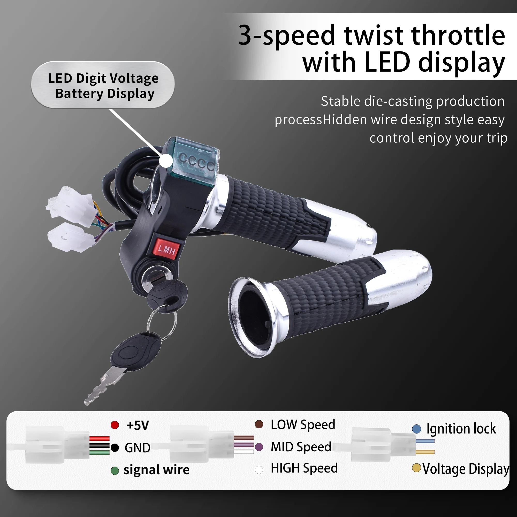 صمام خانق جديد للدراجة الإلكترونية ثلاثي السرعات لعام 2025 مع شاشة LED - 12 فولت-96 فولت للدراجة الكهربائية/السكوتر/الدراجة النارية 3 في 1 قفل الإشعال