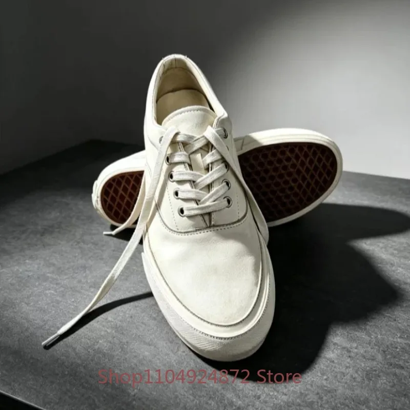 Designer Luxury Genuine Leather Thick Sole Premium Casual Board Shoes Men's Washed Horseskin Lace‑up Low Top Walking Sneakers