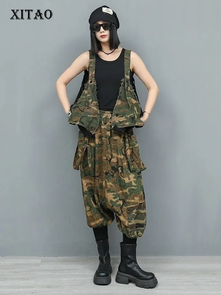 

XITAO Pocket Patchwork Denim Sets Sleeveless V-neck Elastic Waist Loose Casual Two-piece Personality Summer Woman Sets GYX1665