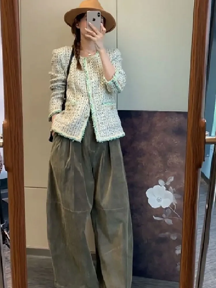 Vintage Women Tweed Jacket O Neck Long Sleeve Spring Autumn Casual Short Coat Office Ladies Single Breasted Fashion Outerwear