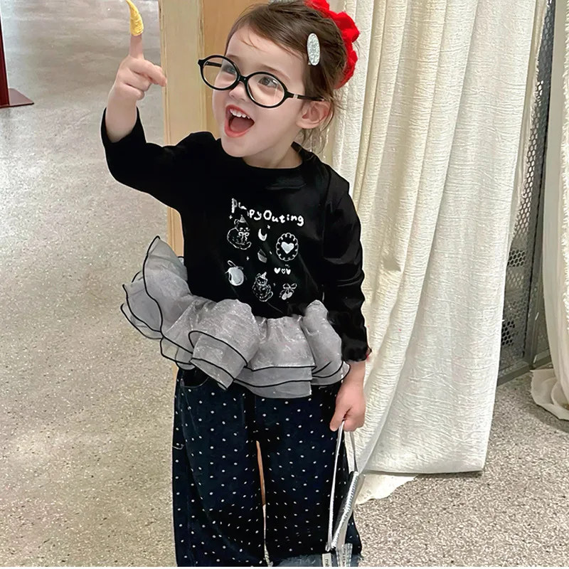 

2025 Autumn Girls' Clothing Korean Splicing Yarn Wave Point Set with Fashionable and Comfortable Simple Design