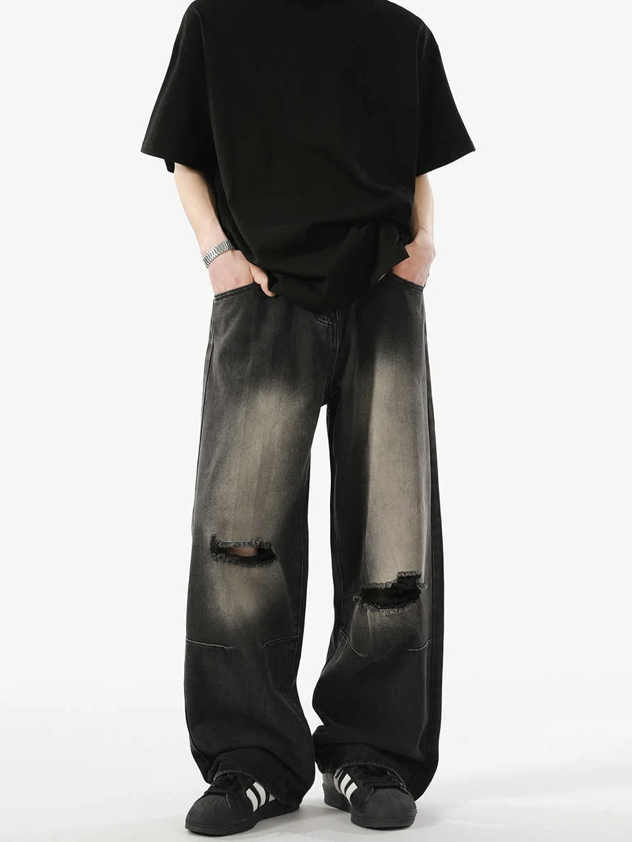 

American Washed Vintage Men's Summer Loose Wide Leg Black Jeans Casual Loose Straight Cut Jeans Youth Trendy Summer Wear