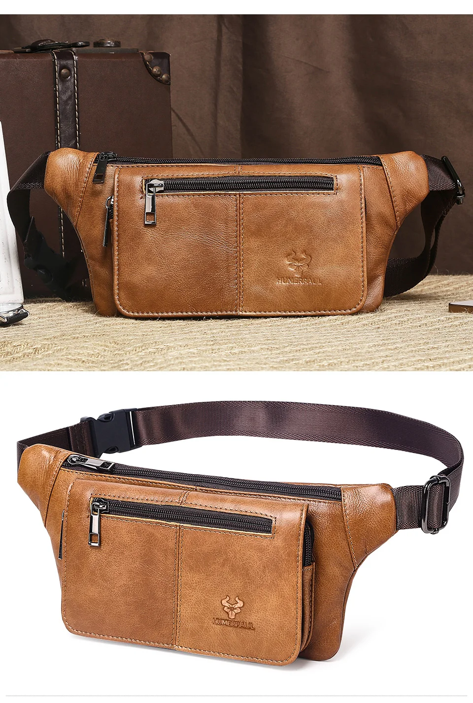 HUMERPAUL Herren-Hüfttasche aus echtem Leder, mehrere Taschen, Brusttaschen, verstellbarer Riemen, langlebige Hüfttasche für tägliche Reisen und Outdoor – Detail 12