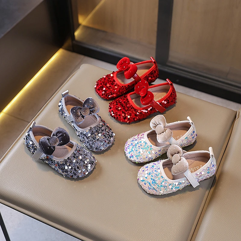 

Children's Leather Shoes Spring Autumn Sequins Little Girls Fashion Flat Boots New Sweet Bowknot Kids Princess Ballet Shoes