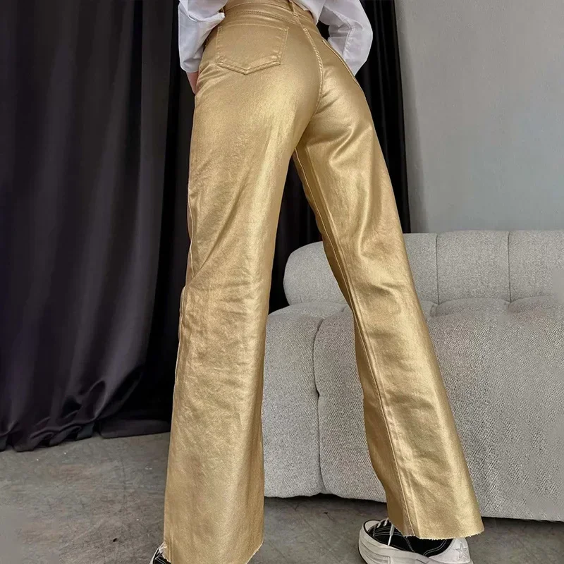 Women's New Fashion Silver High Waist Strap Pants Vintage Pockets Elegant Commuting Casual Loose Fit Women's Shiny Pants Y2K