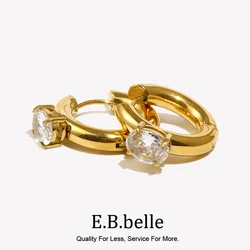 Classcial Thick Chunky Gold Plated Round Hoop Earrings For Woman Stainless Steel Waterproof Oval Zircon Crystal Earring
