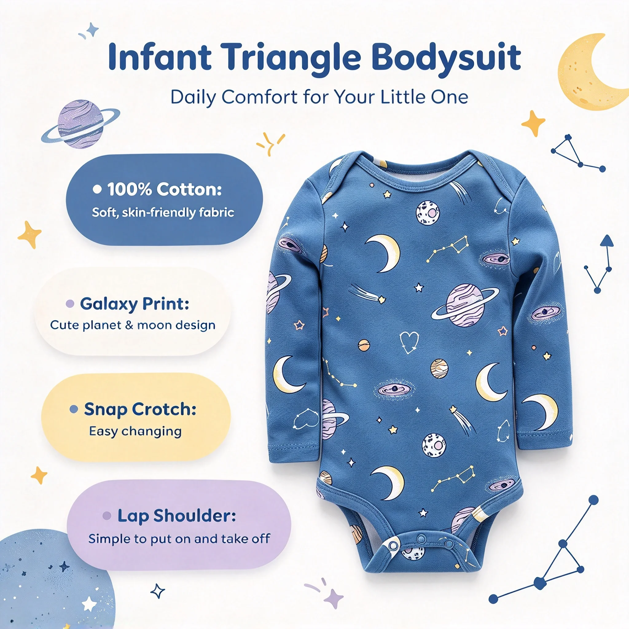 Soft Breathable Cotton Baby Onesie 3~24 Months Space Planet Print Long Sleeve Baby Triangle Bodysuit Newborn Snap Bottom Romper