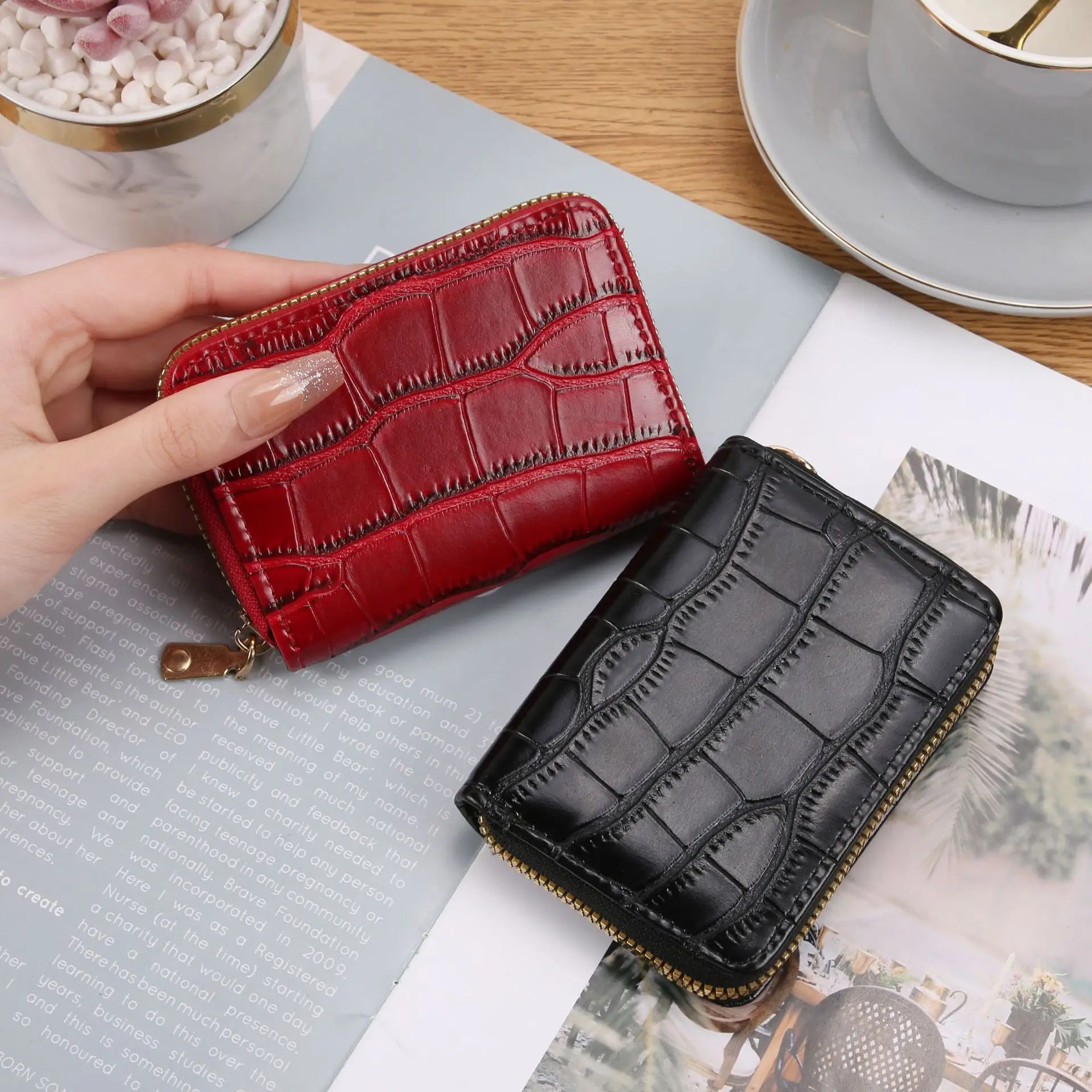 Vintage Small Women Crocodile Card Holder Wallets Leather rfid Zipper Coin Purse Credit Card Holder Driver's License Card Case