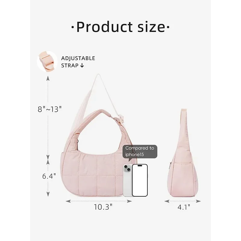 Light Pink Grid Quilted Puffer Crescent Hobo Bag Adjustable Wide Strap Nylon Padded Underarm Shoulder Bag for Women Daily Casual Use - view 3