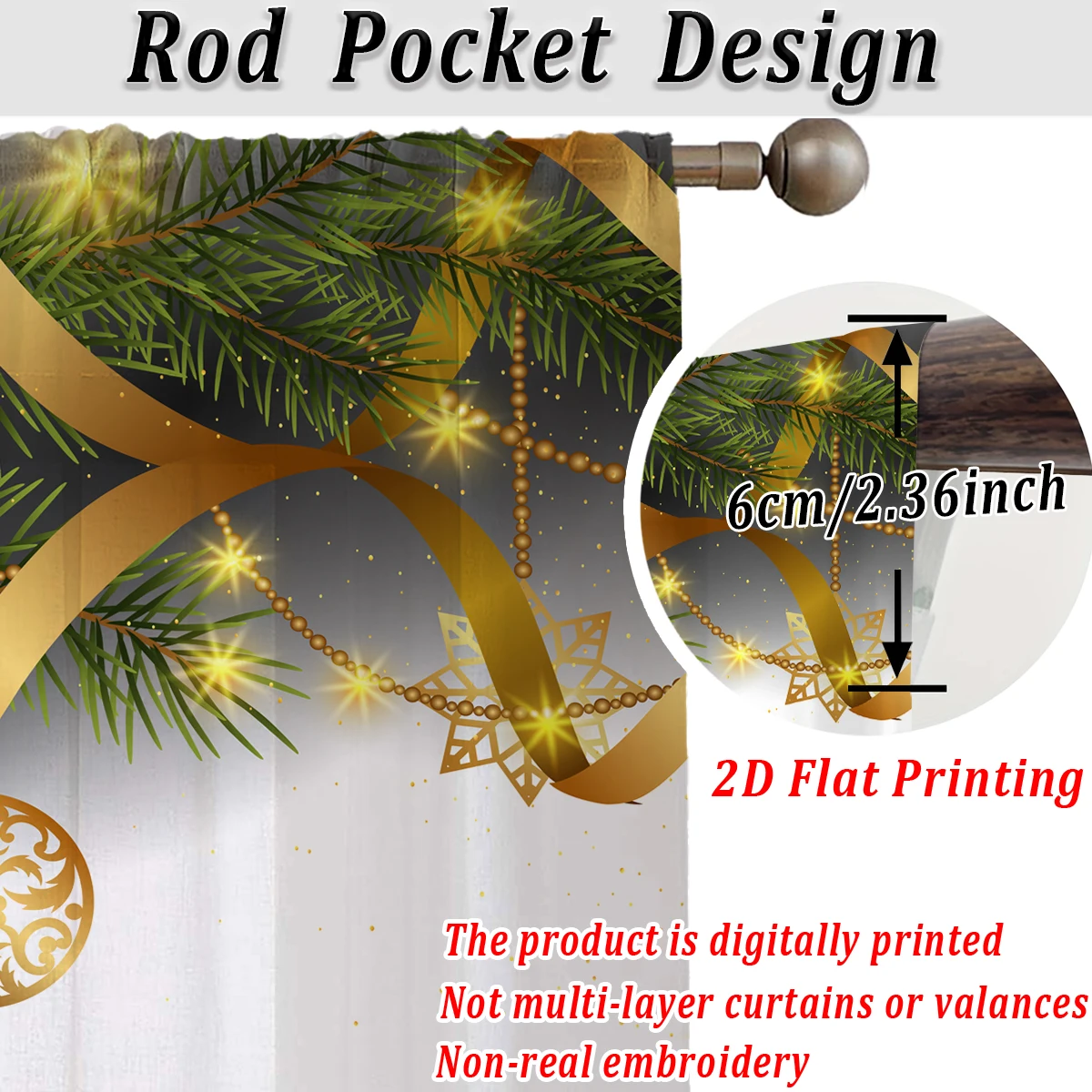 Christmas Flat Printing Sheer Curtain with Christmas Snowflak Ornament Star Gift Box for Living Room Bedroom Decor Holiday Party