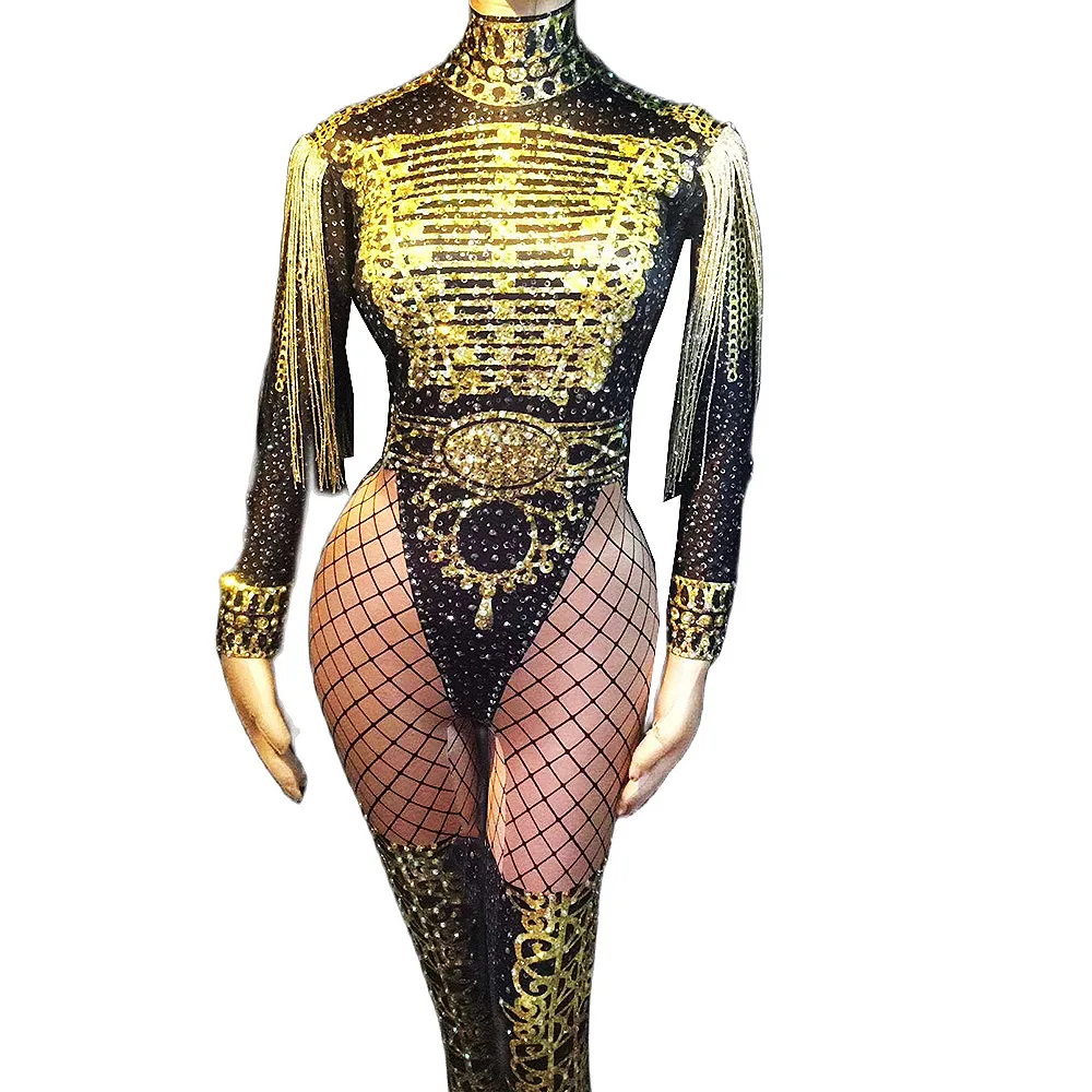 Shining Sequin Gold Tassel Women Jumpsuits Long Sleeve Dance Body Suits Singer Stage Leotard Rave Festival Drag Queen Costumes