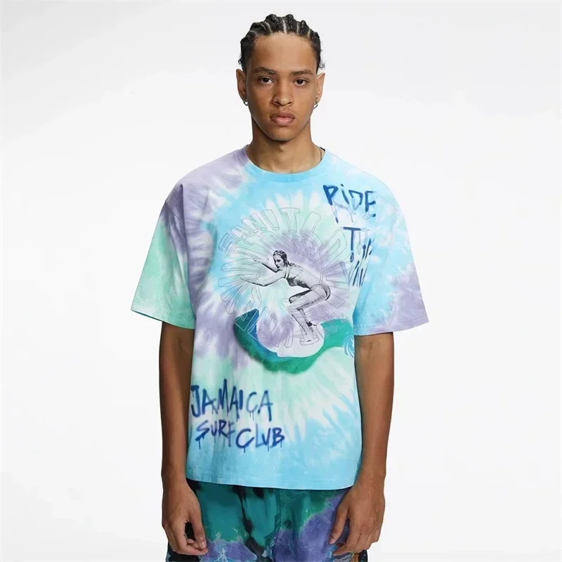 24ss Blue Tie-dyed Saint Michael T-Shirt Men Women Best Quality Casual Pure Cotton T Shirts