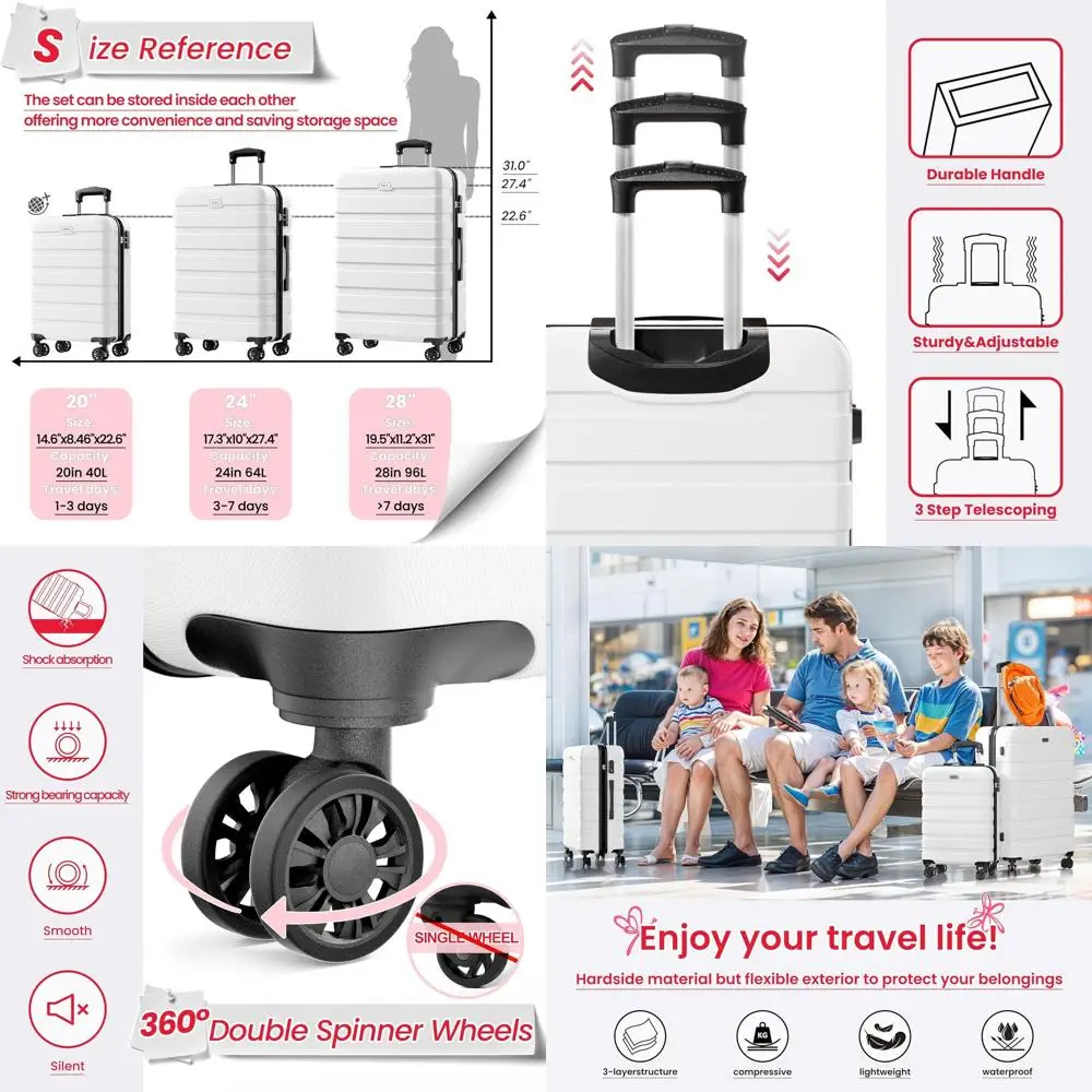 

3-Piece Hardshell Suitcase Set with 4 Spinner Wheels, TSA Lock, 20-28 Inch, White