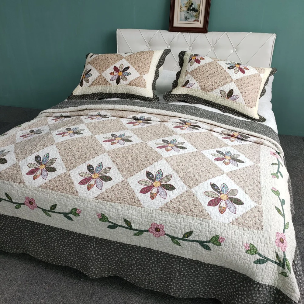 Queen Size Printed Cotton Quilt Set 3-Piece All Season Quilted Bedspread & Coverlet Lightweight Comforter Blanket for Home Decor