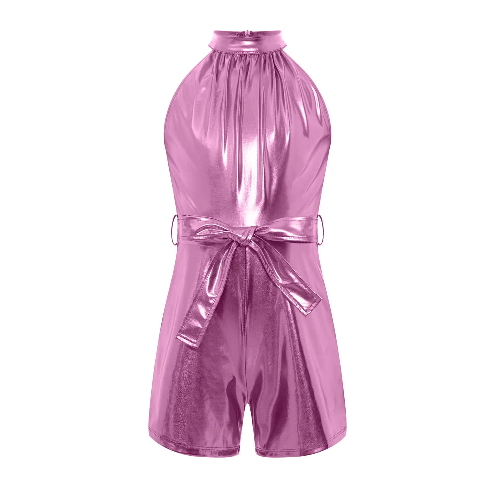 Kids Girls Sleeveless Metallic Shiny Zipper Bodysuit with Belt Jazz Dance Stage Performance Dancewear for Carnival School Party