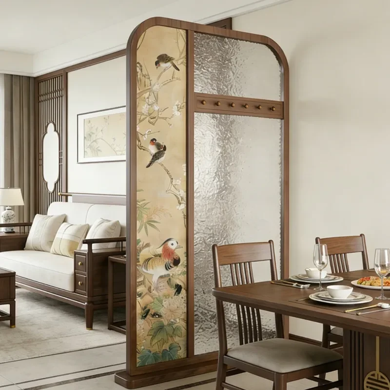for New Chinese Flower and Bird Glass Screen Entrance Living Room Blocking Partition with Hook Solid Wood Home Floor Screen
