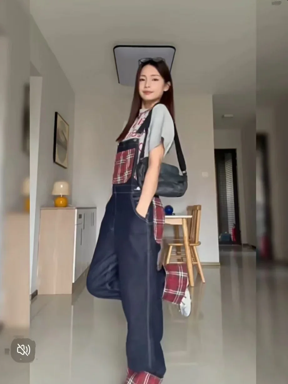 Women's Checkered Straps Jeans Straight Vintage Baggy Casual Fashion Wide Leg Pants Self Cultivation Denim Trouser Ladies