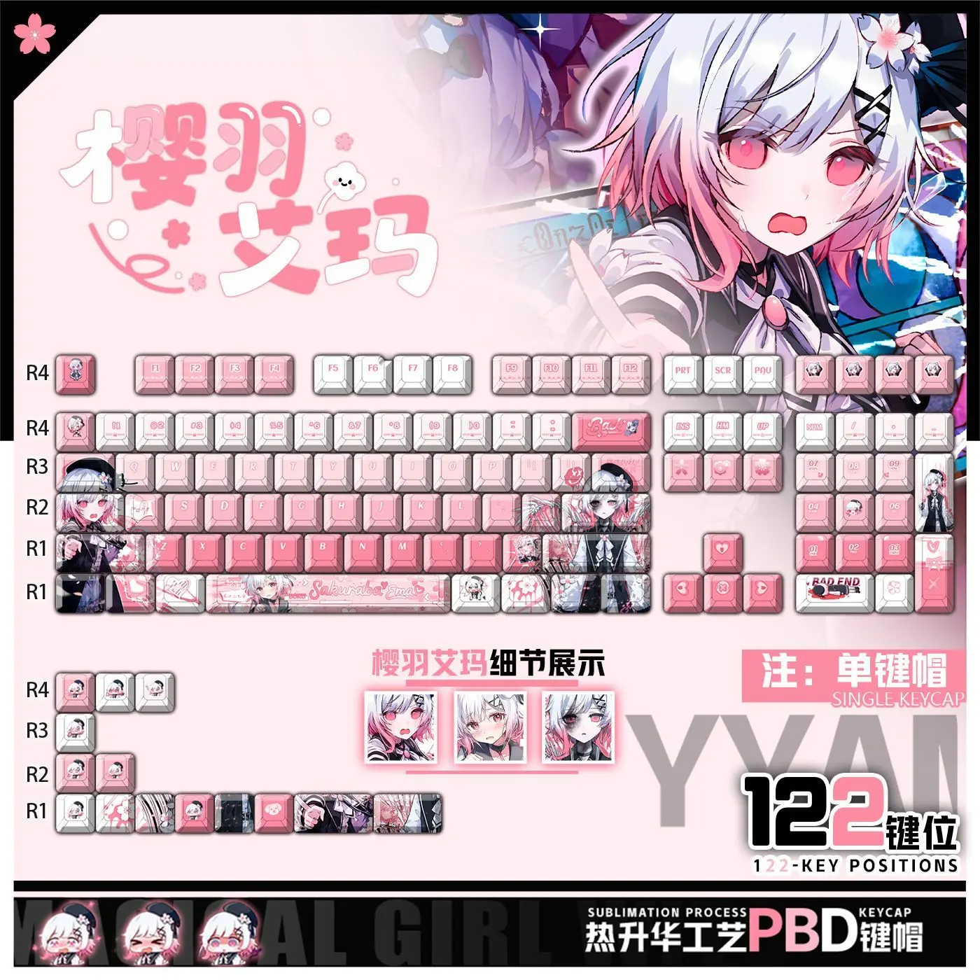 122 Keys Magical Girl Witch Trials Ema Sakuraba Keycaps Game Chreey PBT Side Transparent Key Caps for Mad68 Mechanical Keyboard